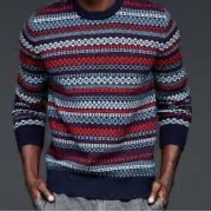 Gap Multi Fair Isle Sweater Men’s XL Lambs Wool Blue Red Nordic Crew Neck